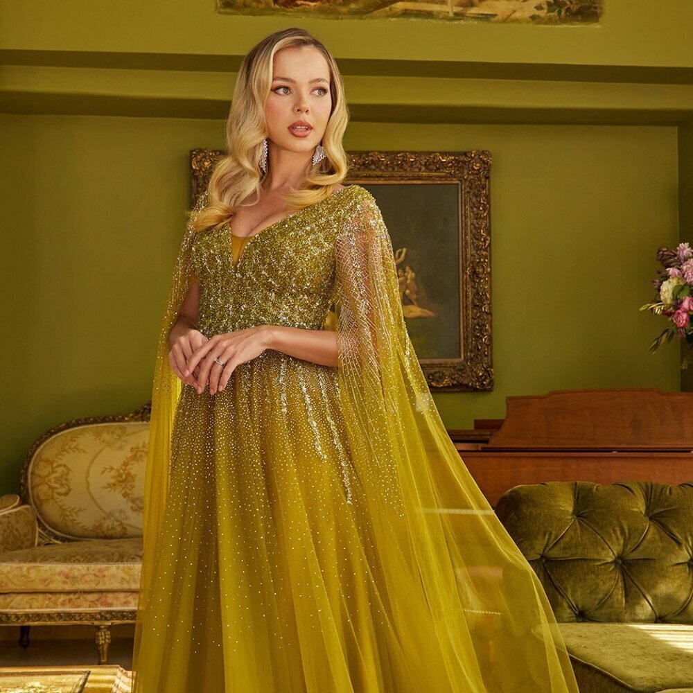 New Elegant Long Mesh Mother Of Bride Dress w/ Cape Sleeves & Jewel GL3606